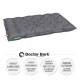Grau Haustierbett mit gepolstertem Design, beschriftet mit 'Doctor Bark', mit Text über Haltbarkeit, Hygiene und Pflegehinweise.