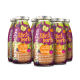 SmoothieDog Obstkorb-Flaschen, die übereinander gestapelt sind, mit bunten Obstgrafiken. Der Text lautet "Fruchtiger SNACK für jeden HUND" und "100% natürlich."