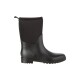 Schwarzer wasserdichter Gummistiefel mit einem weichen Stoffoberteil und einer strukturierten Sohle, entworfen für den Außeneinsatz.