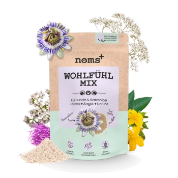 Ein "Wohlfühl Mix"-Paket für Hunde und Katzen, mit Passionsblume und floralen Akzenten zur Reduzierung von Stress und Angst.