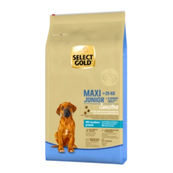 Sac de nourriture pour chiens Select Gold Maxi Junior, adapté aux chiots de grandes races de plus de 25 kg, présentant un chiot brun sur le devant et une étiquette "Sensitive."
