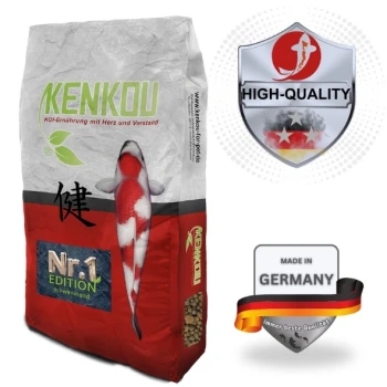 Kenkou Koi-Futterbeutel mit einem rot-weißen Design, das einen Koi-Fisch zeigt, gekennzeichnet mit "Nr. 1 EDITION," "HIGH-QUALITY," und "MADE IN GERMANY."