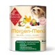 Dosen-Hundefutter mit der Aufschrift "Morgen-Menü" mit Bio-Hühnchen, Früchten und Kartoffeln, mit einem Hund, der nach oben schaut.