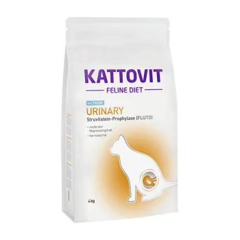 Sac de nourriture pour chats Kattovit Feline Diet Urinary, 4 kg, présentant une silhouette de chat et un texte mettant en avant la prévention des pierres de struvite.