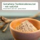 Gemahlene Teufelskrallewurzel in einer Holzschüssel, beschriftet mit "Gemahlene Teufelskrallewurzel - rein natürlich" und "Ground devil's claw root - purely natural."