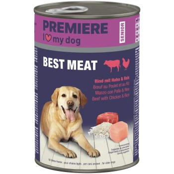 Can of PREMIERE dog food labeled BEST MEAT, Beef with Chicken & Rice, SENIOR; shows a golden dog and images of meat and rice.