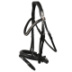 Eine Nahaufnahme eines braunen Pferdes, das ein schwarzes Zaumzeug mit einem geschmückten Stirnriemen trägt, vor einem Hintergrund mit einer grasbewachsenen Fläche.