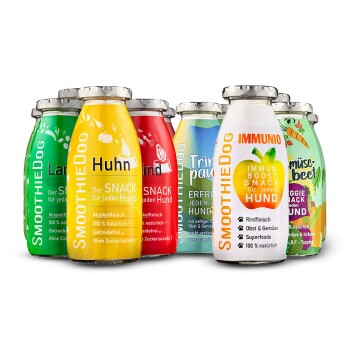 Bunte "SmoothieDog" Smoothie-Flaschen für Hunde, mit Huhn-, Rind- und Gemüsegeschmack, mit deutschen Beschreibungen.