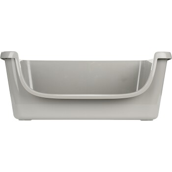 Graues Kunststoffhaustierbett mit einem glatten, geschwungenen Design, mit hohen Seiten für Komfort und Sicherheit.