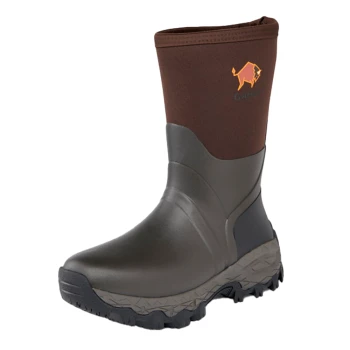 Brauner und grauer Gore-Tex isolierter wasserdichter Stiefel mit robustem Profil und orangefarbenem Büffellogo am oberen Schaft.