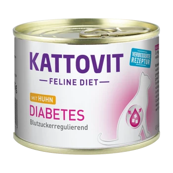 Kattovit Feline Diet Dose für diabetische Katzen, "Mit Huhn", mit einer Katzensilhouette und einem Blutzucker-Icon.