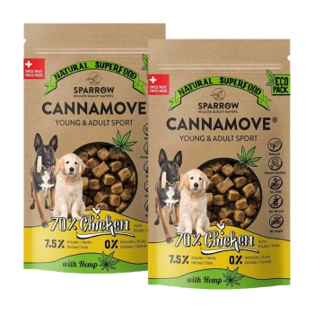 Zwei Säcke SPARROW Cannamove Hundefutter für junge und erwachsene Sporthunde, mit 70 % Huhn, Hanf und 7,5 % Kräutern.