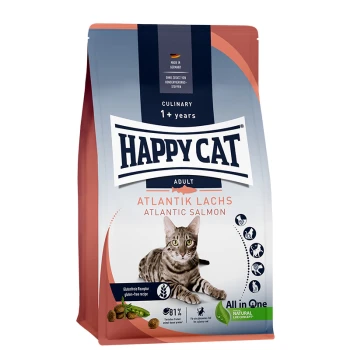 Sac de nourriture pour chats Happy Cat Adult mettant en avant le saumon atlantique, adapté aux chats de 1 an et plus, avec une recette sans gluten et 81% de protéines animales.