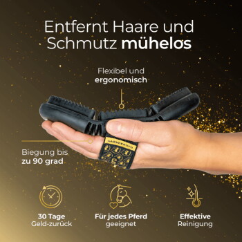 Hand hält einen schwarzen, flexiblen Gummistriegel mit Riemen; sichtbarer deutscher Text: „Entfernt Haare und Schmutz mühelos“