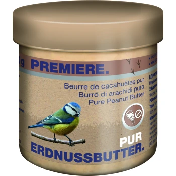 Peanut Butter Pure 250g Jar of pure peanut butter with a blue tit on a branch and multilingual text, including "Pure Peanut Butter" and "Erdnussbutter."