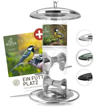 Vogelfutterspender mit einem transparenten Rohr, einem Metallboden und drei austauschbaren Oberteilen, mit einem Etikett, das ein Vogelbild und Text auf Deutsch zeigt.