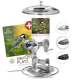 Vogelfutterspender mit einem transparenten Rohr, einem Metallboden und drei austauschbaren Oberteilen, mit einem Etikett, das ein Vogelbild und Text auf Deutsch zeigt.