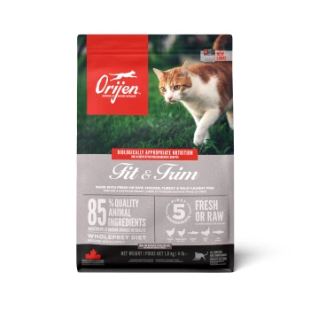 Fit & Trim 1,8 kg Sac de nourriture pour chat Orijen Fit & Trim avec un chat sur l'herbe, mettant en avant "85% d'ingrédients animaux de qualité" et "frais ou cru."