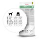 Hundefutterverpackung mit der Aufschrift "Mild", die ein kaltgepresstes Rezept mit Huhn und Forelle enthält. Enthält Fütterungshinweise basierend auf dem Gewicht des Hundes.