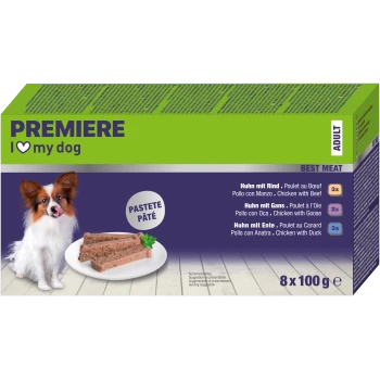 Premiere I love my dog Erwachsenenfutter mit Huhn und Rind, Gänse- und Entenpastete, 8x100g Packungen, Bild von Hund und Pastetenscheiben.
