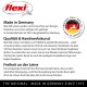 Bild einer Werbung für eine flexi ausziehbare Hundeleine, die Texte über ihre deutsche Handwerkskunst, Qualität und Vorteile für die Freiheit des Hundes zeigt.