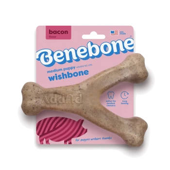 A brown rubber puppy chew toy shaped like a bone, with the word "PUPPY" embossed on its surface.