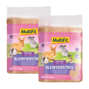 Zwei Beutel MultiFit Kleintierstreu, jeweils 3,5 kg, mit Bildern eines Kaninchens, Meerschweinchens und Hamsters auf einem rosa Hintergrund.