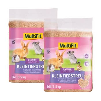 Zwei Beutel MultiFit Kleintierstreu, jeweils 3,5 kg, mit Bildern eines Kaninchens, Meerschweinchens und Hamsters auf einem rosa Hintergrund.