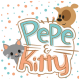 Eine verspielte Illustration mit einem Cartoon-Hund und einer Katze, die von beiden Seiten des Textes "Pepe & Kitty" hervorlugen, umgeben von bunten Punkten.