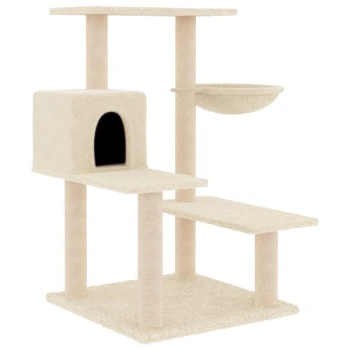 Ein beiger Katzenbaum mit mehreren Ebenen, einem gemütlichen Rückzugsort und einer hängenden Schüssel zum Spielen oder Ausruhen.