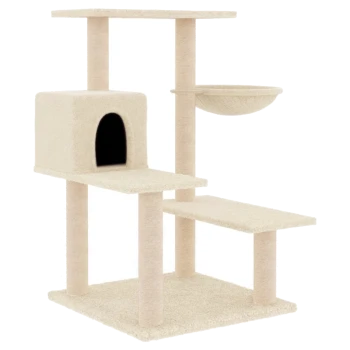 Ein beiger Katzenbaum mit mehreren Ebenen, einem gemütlichen Rückzugsort und einer hängenden Schüssel zum Spielen oder Ausruhen.