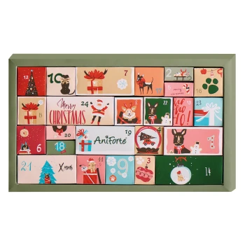 Adventskalender für Haustiere mit bunten Boxen und festlichen Illustrationen, beschriftet von 1 bis 24, und dem Text 'Frohe Weihnachten.'