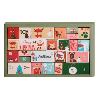 Adventskalender für Haustiere mit bunten Boxen und festlichen Illustrationen, beschriftet von 1 bis 24, und dem Text 'Frohe Weihnachten.'