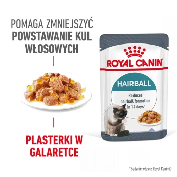 Torebka karmy dla kotów Royal Canin Hairball z talerzem mokrej karmy w galaretce, tekst podkreśla korzyści w redukcji formowania się kul włosowych.
