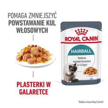 Torebka karmy dla kotów Royal Canin Hairball z talerzem mokrej karmy w galaretce, tekst podkreśla korzyści w redukcji formowania się kul włosowych.