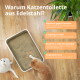 Edelstahl-Katzenstreuschale auf Holzboden mit zwei Katzen. Der Text listet Vorteile auf: geruchsresistent, langlebig, rostfrei, leise.