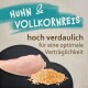 Huhn & Vollkornreis, hoch verdaulich für eine optimale Verträglichkeit, mit rohen Hähnchenbrust und Vollkornreis.