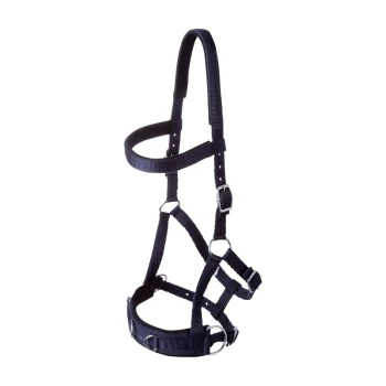 Ein schwarzes Haustiergeschirr mit verstellbaren Riemen und Metallverschlüssen, entworfen für Komfort und Kontrolle während der Spaziergänge.