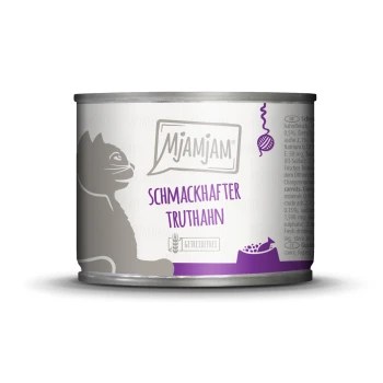 Nassfutter Katze Adult 6x200 g Truthahn Hundefutter kann eine graue Katzensilhouette zeigen, beschriftet mit "Mjamjam Schmackhafter Truthahn" und als getreidefrei gekennzeichnet.