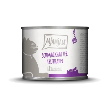 Hundefutter kann eine graue Katzensilhouette zeigen, beschriftet mit "Mjamjam Schmackhafter Truthahn" und als getreidefrei gekennzeichnet.