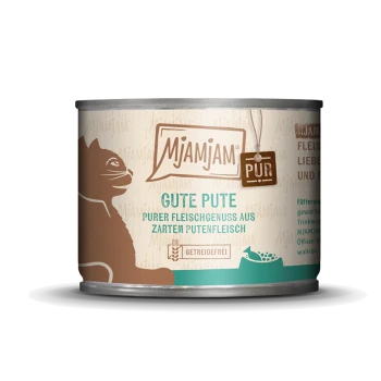 Dose MJAMJAM PUR Katzenfutter mit Aufschrift 'Gute Pute' und Katzensilhouette; 'purer Fleischgenuss' und 'getreidefrei'