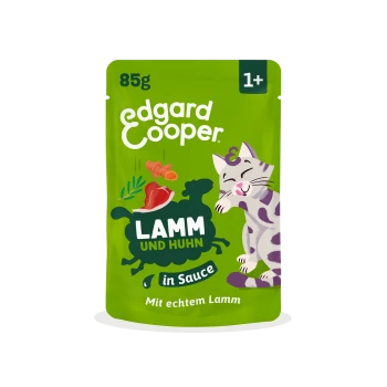 Edgard Cooper grüne 85-g-Katzenfuttertasche mit Cartoon-Katze; Text: ‚Lamm und Huhn in Sauce‘ und ‚Mit echtem Lamm‘