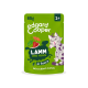 Edgard Cooper grüne 85-g-Katzenfuttertasche mit Cartoon-Katze; Text: ‚Lamm und Huhn in Sauce‘ und ‚Mit echtem Lamm‘