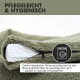 Grünes Haustierbett mit Reißverschluss, mit Text über einfache Pflege und hygienische Eigenschaften, das besagt, dass es abnehmbar und bei 30 °C waschbar ist.