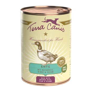 Dose Terra Canis Hundefutter mit Entenillustration, beschriftet "ENTE mit Naturreis, Birne & Sesam" für Naturreis, Birne und Sesam.