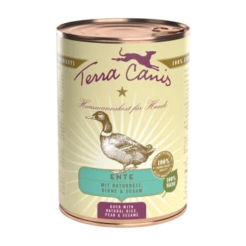 Dose Terra Canis Hundefutter mit Entenillustration, beschriftet "ENTE mit Naturreis, Birne & Sesam" für Naturreis, Birne und Sesam.