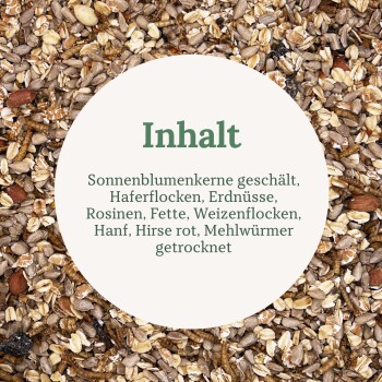 Hintergrund mit Saat- und getrockneten Mehlwürmern in der Futtermischung; weißer Kreis mit der Aufschrift 'Inhalt' und deutscher Zutatenliste (Sonnenblumenkerne, Hafer, Erdnüsse, Rosinen, getrocknete Mehlwürmer)
