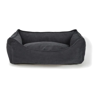 Un lit pour animal de compagnie confortable, gris foncé, avec des côtés surélevés et un coussin doux au centre, conçu pour les animaux de compagnie de petite à moyenne taille.