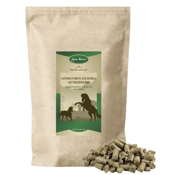 Beige Tasche mit Lyra Horse Leckerlis, beschriftet "Leinkuchen-Leckerli Getreidefrei", mit einer Silhouette von Pferd und Hund und Pellets davor.