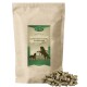 Beige Tasche mit Lyra Horse Leckerlis, beschriftet "Leinkuchen-Leckerli Getreidefrei", mit einer Silhouette von Pferd und Hund und Pellets davor.
